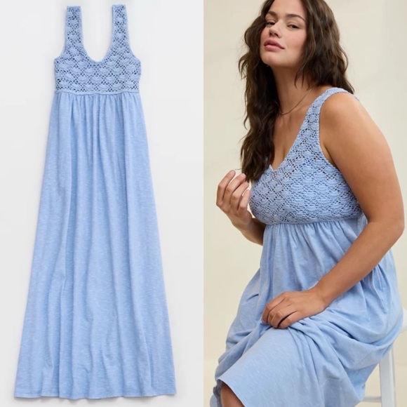 Aerie Crochet Maxi Dress Ocean Sky 100% Cotton Pockets Summer Pool Size Medium - Picture 2 of 14